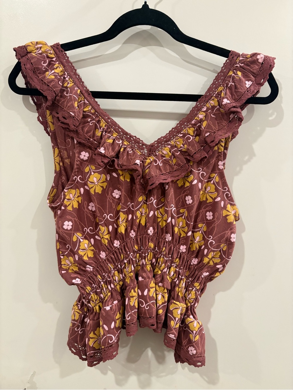 Kimchi Blue - Tank Tops and Camis  Burgundy Floral Ruffle Sleeveless Top - Picture 2 of 5